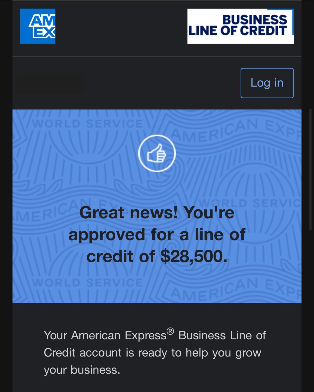 Línea de crédito de negocio AmEx aprobada por $28,500